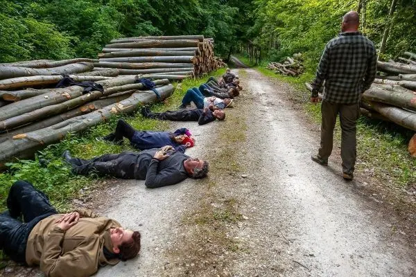 Gruppe liegt auf einem Waldweg neben Holzstapeln, eine Person steht daneben